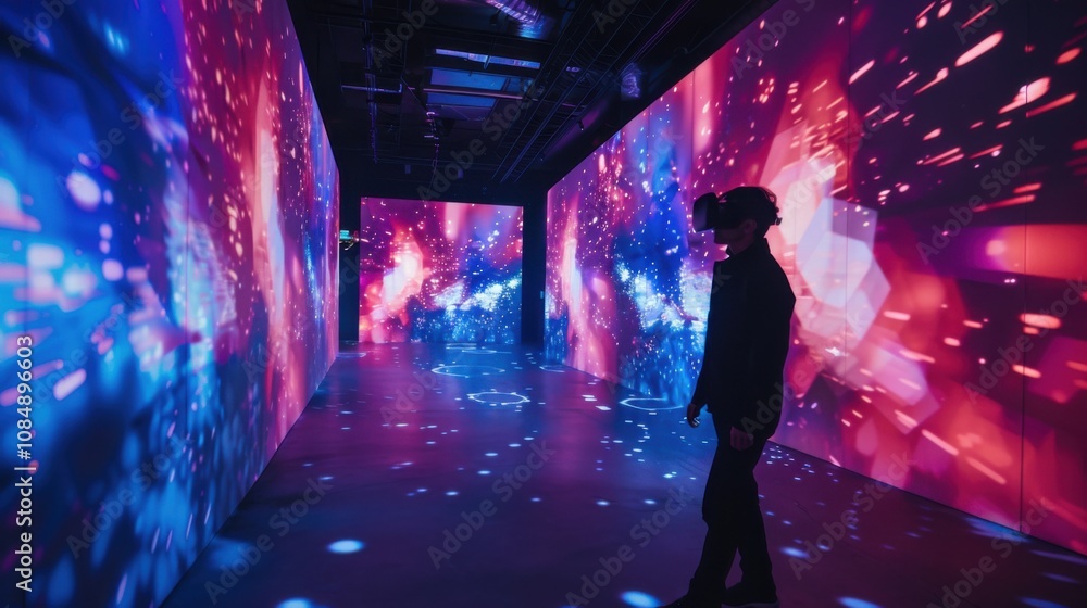 Poster An artist creating digital installations that respond to viewer interactions through motion sensors and augmented reality projections, Interactive art scene, Avant-garde style