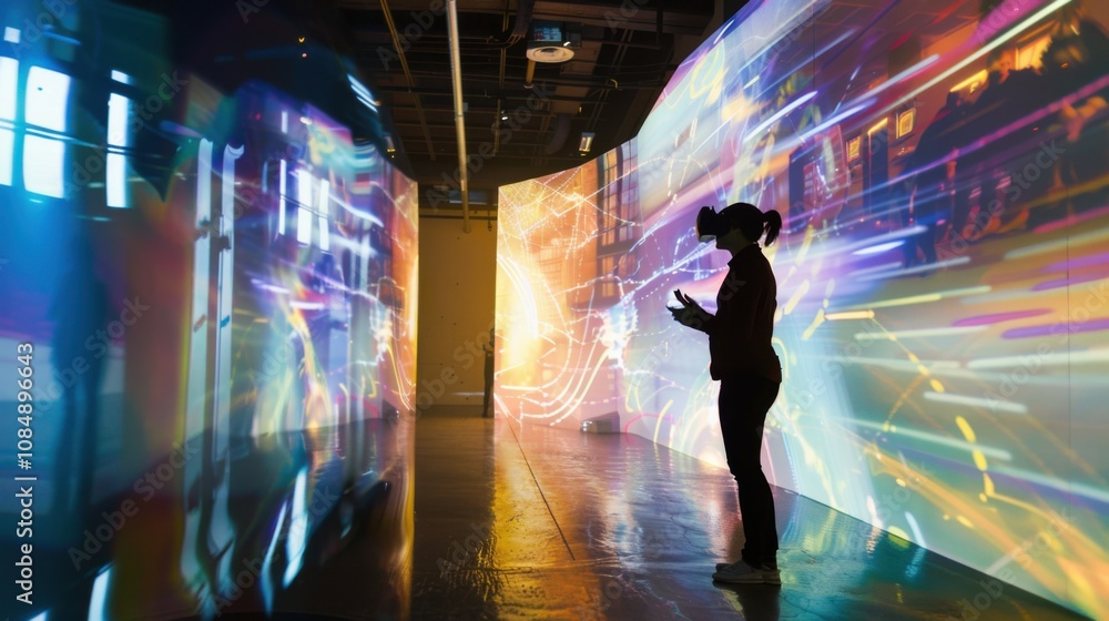 Poster An artist creating digital installations that respond to viewer interactions through motion sensors and augmented reality projections, Interactive art scene, Avant-garde style