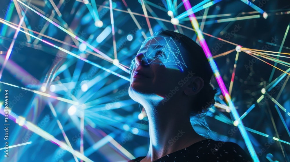 Poster An artist creating digital installations that respond to viewer interactions through motion sensors and augmented reality projections, Interactive art scene, Avant-garde style