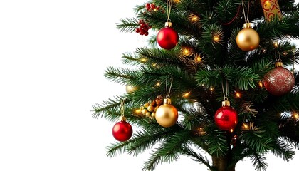 Fototapeta premium Christmas, tree, holiday, festive, decoration, ornaments, lights, isolated, white, background, seasonal, celebration, sparkle, glowing, shiny, winter, festivevibes, holidayseason, merry, joy, pine, 