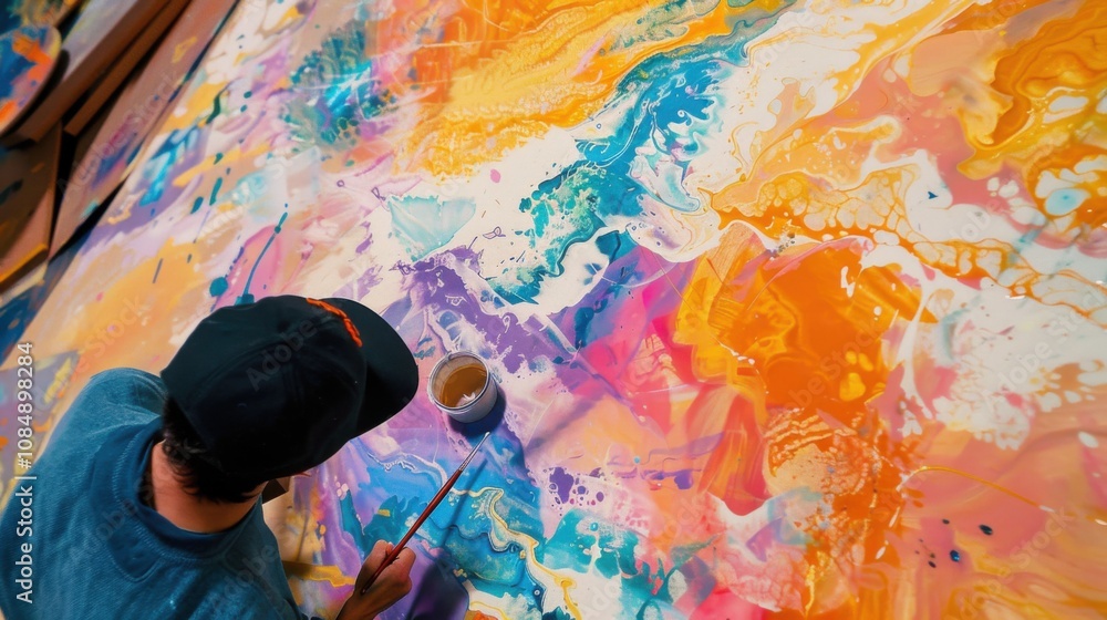 Poster an artist painting abstract patterns on a large canvas in a vibrant studio, artistic expression them