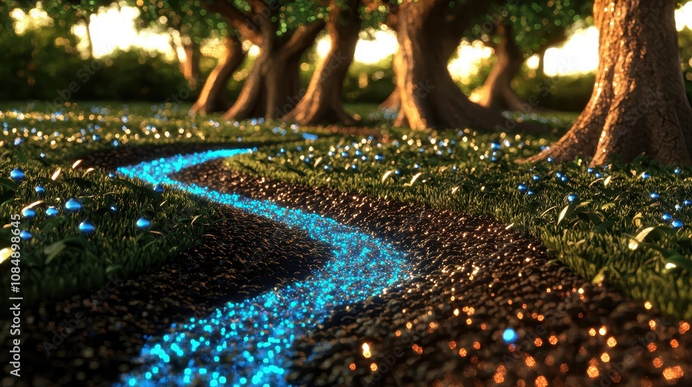 Poster enchanted pathway through a magical forest featuring illuminated river flowing beside trees and glow