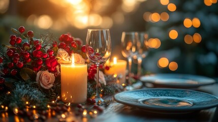 festive table with candles, flowers, and elegant glassware creates warmth