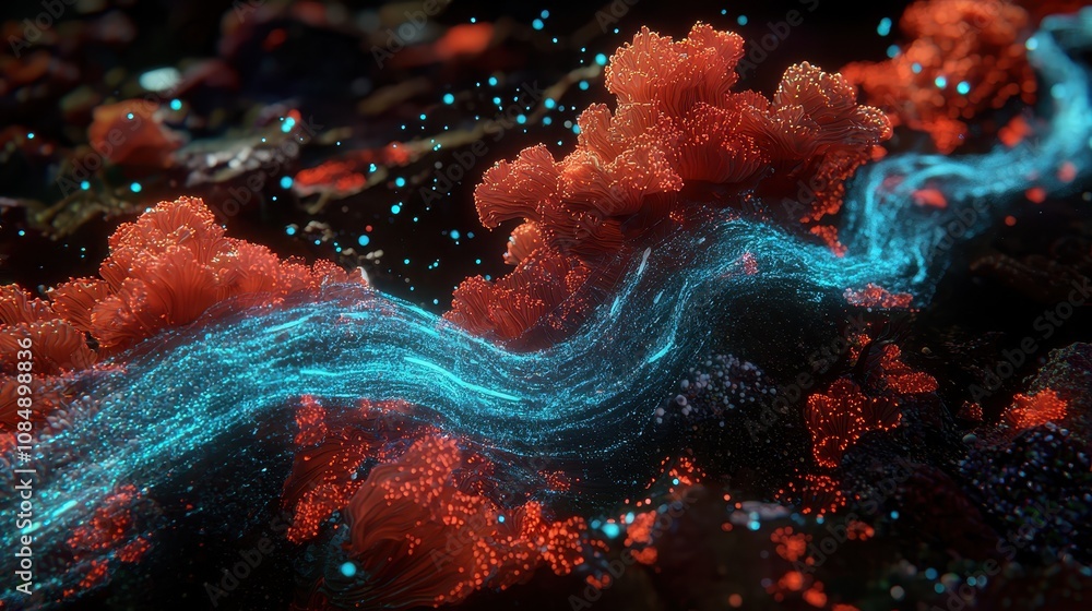 Poster vibrant abstract landscape with flowing river and colorful coral-like structures under shimmering pa