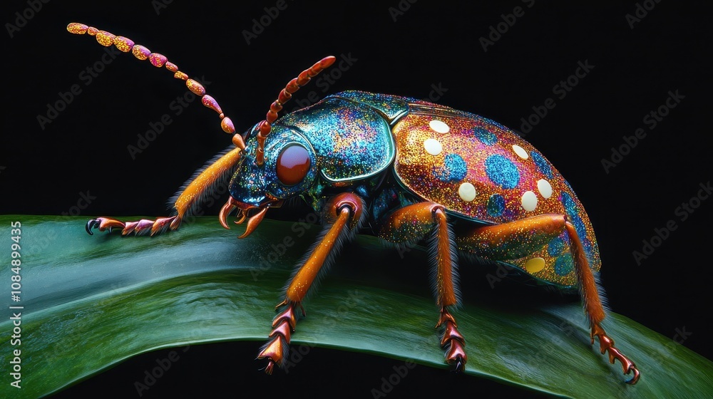 Poster vivid and colorful beetle sitting on leaf, showcasing intricate patterns and textures, captured in h