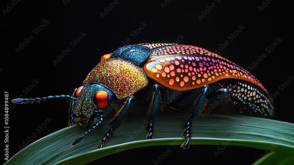 Poster stunning close-up of a colorful beetle with brilliant patterns and vibrant colors resting on a leaf 