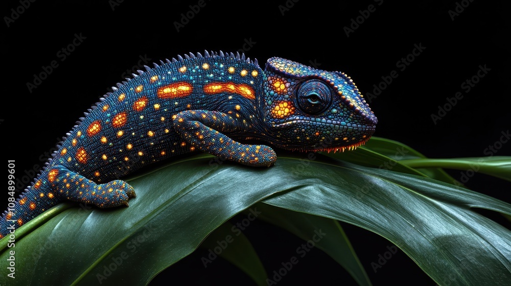 Poster vibrant chamaleon perched on leaf with stunning patterns and colors displaying iridescent features a