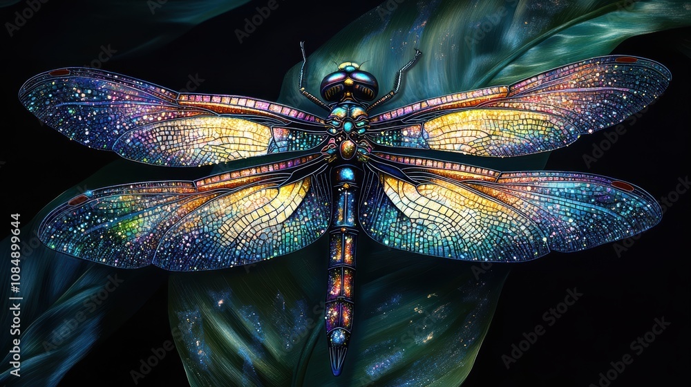 Poster stunning colorful dragonfly with intricate patterns and vibrant details, perched gracefully on a lea