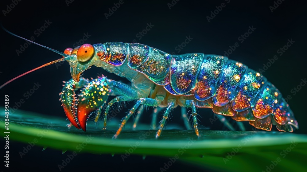 Poster vibrant macro capture of a colorful mantis shrimp on a leaf, showcasing intricate details and brilli