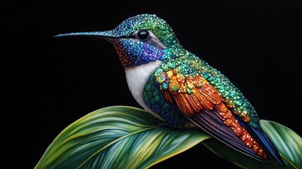 Fototapeta premium Vibrantly Colored Hummingbird Perched on Leaf with Intricate Detail, Capturing the Majestic Beauty of Nature in Stunning Realism and Colorful Patterns