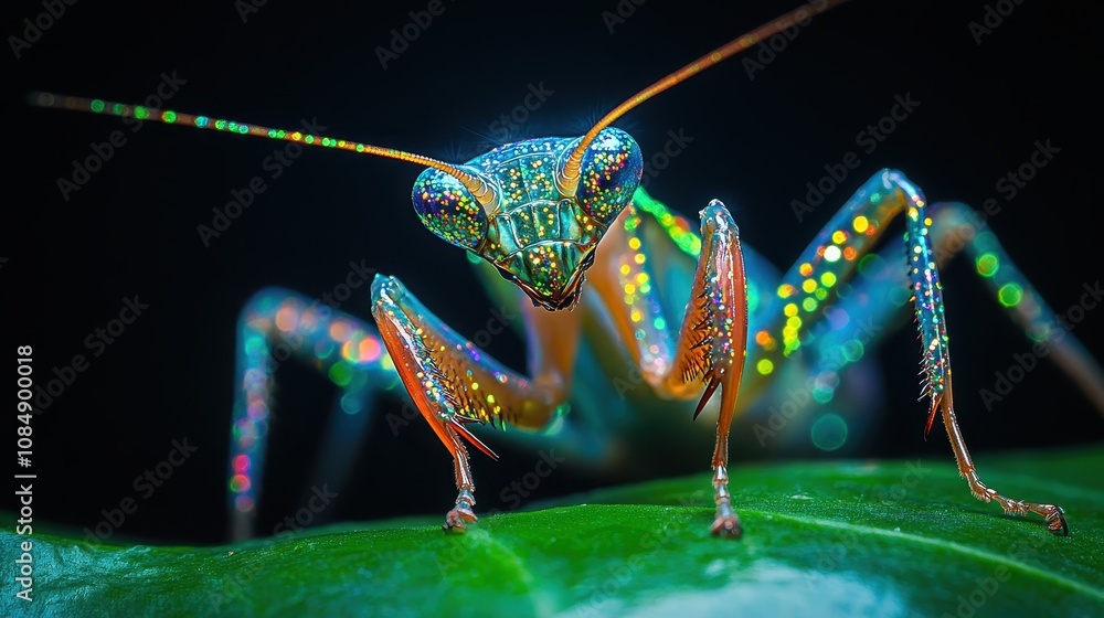 Poster vibrant close-up of a colorful praying mantis resting on a leaf capturing light reflections in a dar