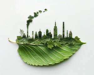 cityscape, greenery, environment, sustainability A creative blend of a city skyline and lush foliage on a large green leaf, symbolizing harmony between nature and urban life
