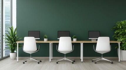 SEO search and visibility concept. Modern office workspace featuring three white chairs, wooden desk, desktop computers, and indoor plants against a dark green wall.