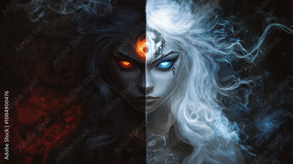Poster a split image of a dark and light figure representing duality and balance.
