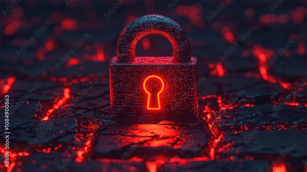 Poster seo search and visibility concept. a glowing red lock sits on a dark, cracked surface, creating a my