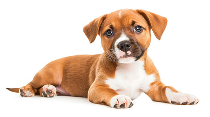 Obraz premium cute puppy lying down with playful expression, showcasing its brown and white fur. This adorable pet exudes charm and warmth, perfect for animal lovers