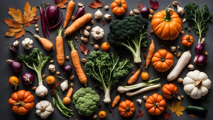 Top view arrangement of vegetables on wooden table, AI Generated