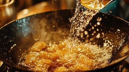 A Chef Pouring Water into a Hot Pan of Oil, Creating Bubbling Steam and Splashes in a Kitchen Setting, Capturing the Essence of Cooking and Culinary Techniques