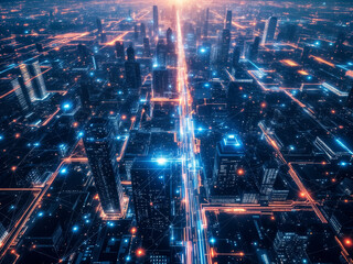 Fototapeta premium An abstract rendering of a smart city with digital networks, glowing lines and dots representing interconnected smart technologies.