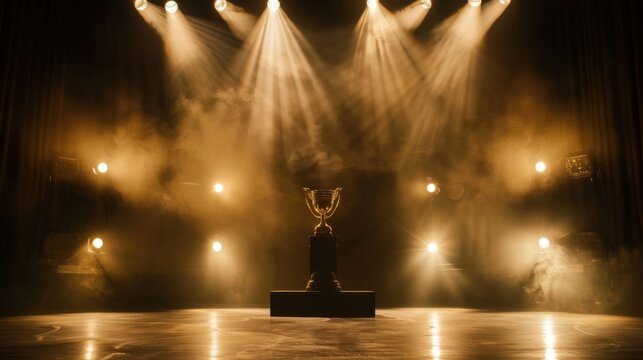 An award trophy surrounded by spotlights on a stage, Trophy scene, Elegant style