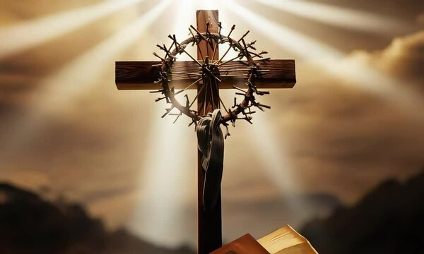 Holy bible rests beside a cross with crown of thorns against a dramatic backdrop of light and shadow showcasing a divine atmosphere