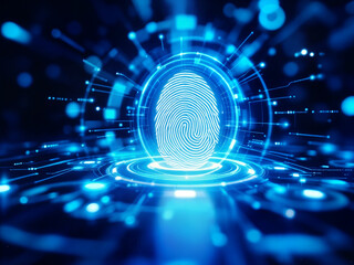 An image of a holographic fingerprint on a high-tech touchscreen, representing biometric security.
