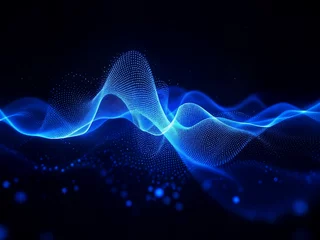 Fotobehang An abstract image of a digital wave form on a dark background, symbolizing voice recognition or sound technology. The wave should be in glowing neon blue, giving the image an ethereal quality. © Perfect PNG