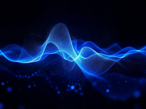 An abstract image of a digital wave form on a dark background, symbolizing voice recognition or sound technology. The wave should be in glowing neon blue, giving the image an ethereal quality.