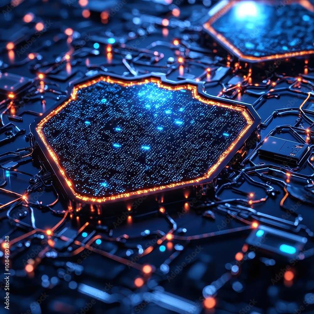 Aufkleber futuristic digital circuit board with glowing hexagonal patterns and a dark background, representing