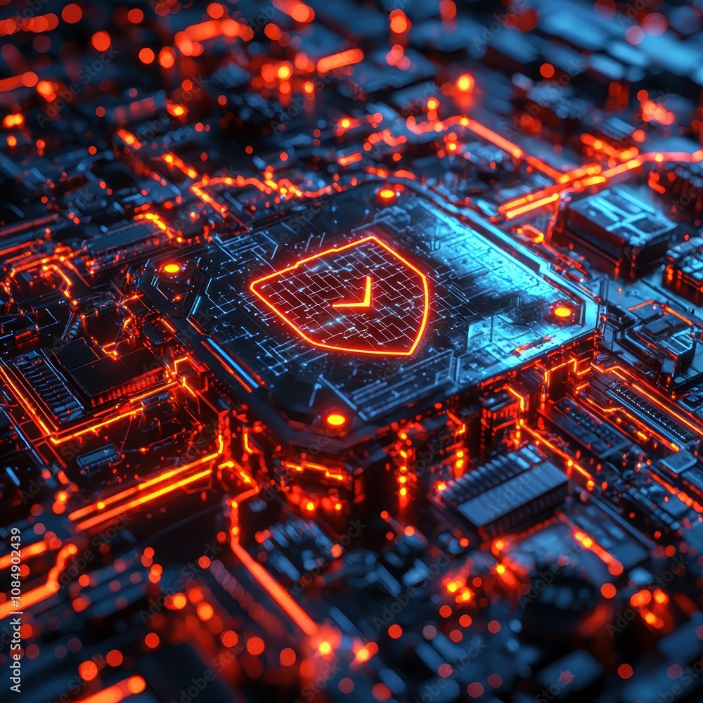Poster futuristic technology circuit board with glowing patterns and shield icon representing cybersecurity