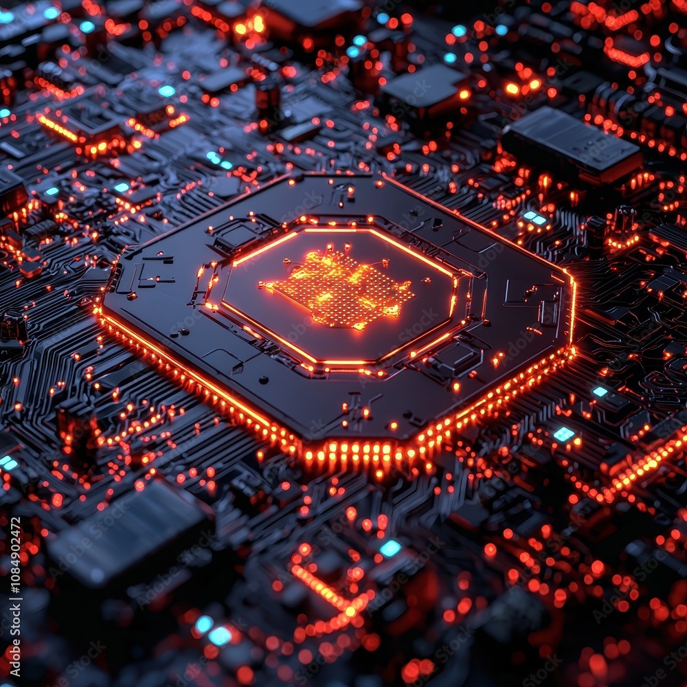 Poster abstract high-tech circuit board with glowing red and blue lights, showcasing intricate electronic c