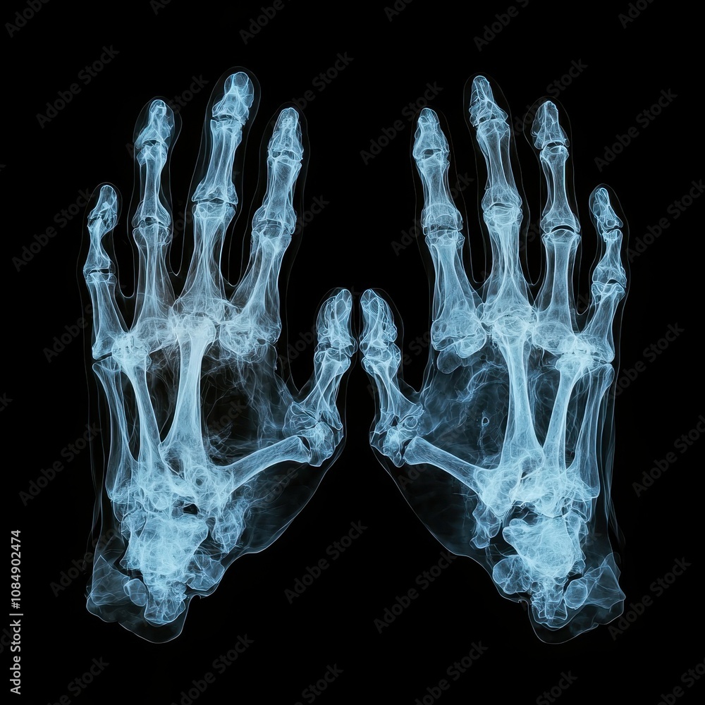Poster x-ray image of human hands showing detailed structure of bones and joints in a clinical setting on a