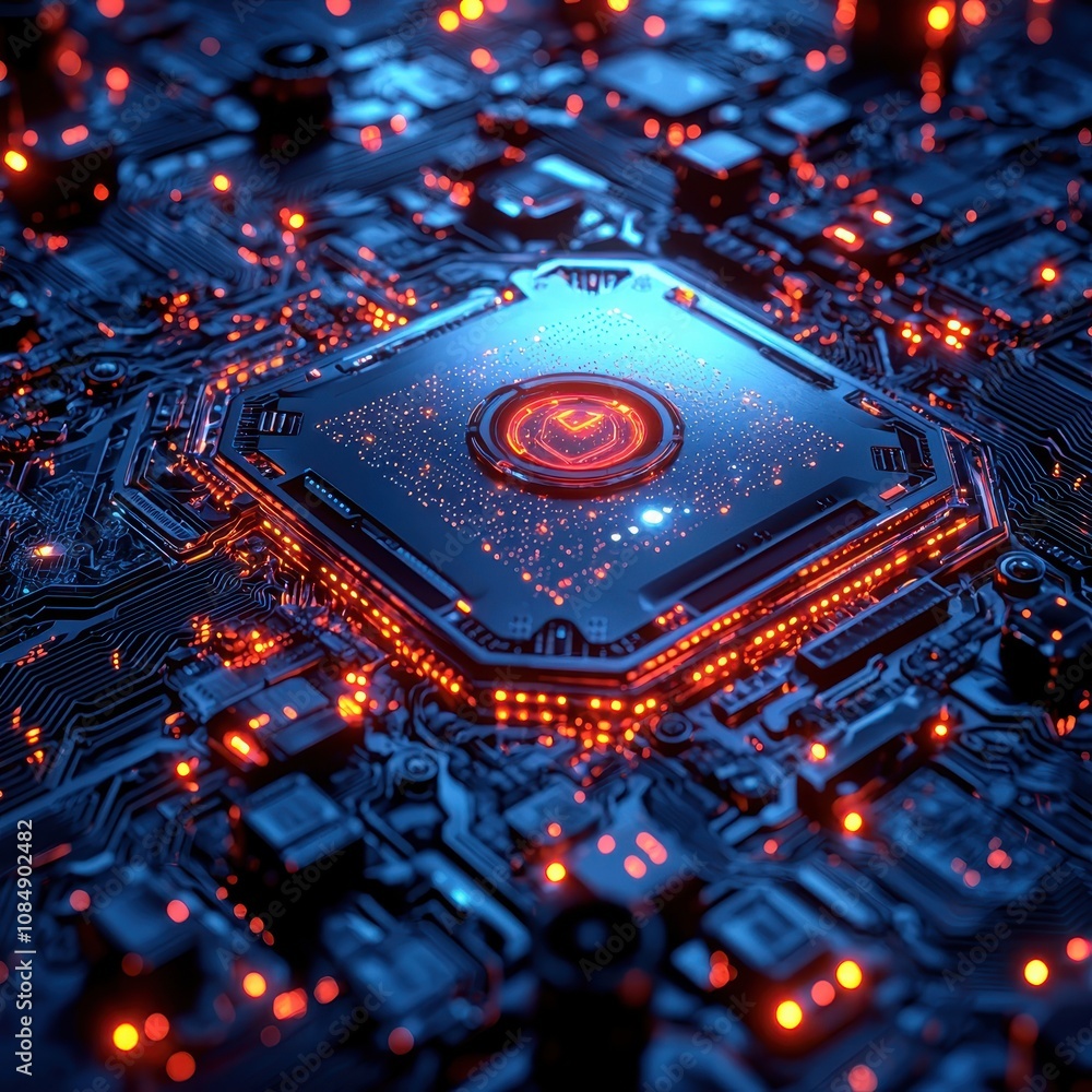 Poster abstract close-up view of a futuristic computer circuit board with glowing microprocessor at the cen