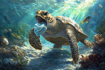 sea turtle is seen in ocean, struggling with plastic bag in its mouth, highlighting impact of pollution on marine life. This poignant scene evokes concern for ocean health