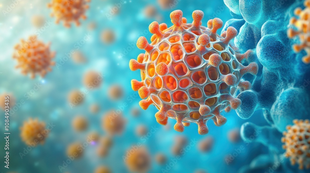 Poster illustration of a virus, highlighting its structure and interaction with cells.