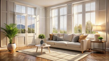 Fototapeta premium Bright and Airy Room with White Shutters, Natural Light Streaming In, Cozy Decor, Inviting Atmosphere, Minimalist Design, Perfect for Home Interiors, Relaxing Space, Stylish and Functional