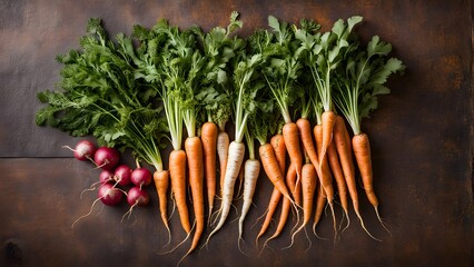 Top view arrangement of vegetables on wooden table, AI Generated