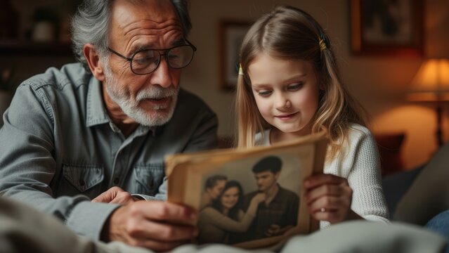 A grandfather and his granddaughter sit together, examining a vintage photograph. Their joyful expressions reflect a deep bond as they relive precious memories captured in the picture, creating a hear