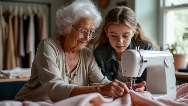A grandmother guides her granddaughter as they sew with a sewing machine in a warm, inviting workshop. The atmosphere is filled with excitement and learning as they create together in a nurturing envi