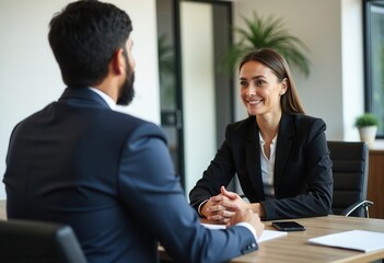 A man and a woman are engaged in a business meeting in a contemporary office. They are discussing important matters, with the woman smiling and looking attentive while sitting at a wooden table.