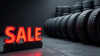 A glowing red sale sign is prominently displayed in a tire showroom. Behind it, neatly arranged stacks of tires create a dark, industrial backdrop, inviting customers to explore tire options during th
