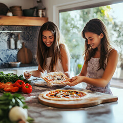 Two girls prepare pizzas together in a bright kitchen, enjoying a fun cooking experience with fresh vegetables and ingredients.