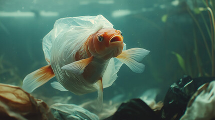 A golden fish tangled in a plastic bag swimming in dirty water with garbage