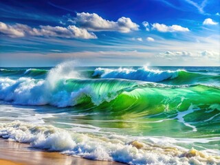 Fototapeta premium Captivating Ocean Waves in Blue and White with Green Stripe - Serene Seascape, Nature's Beauty, Tranquil Water, Coastal Vibes, Abstract Wave Patterns, Refreshing Ocean Scene