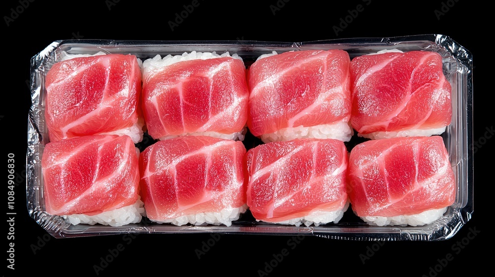 Aufkleber artistic presentation of fresh sushi: clean layout in display case with detailed textures for commer