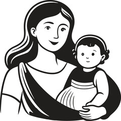 Mothers Day line art vector Single line drawing Woman hold her baby Vector illustration