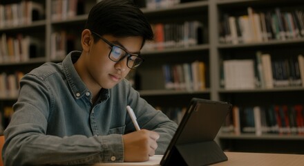 A young student is focused on studying in a library, using a tablet and taking notes in a notebook. The warm atmosphere of the library’s bookshelves surrounds him as he engages in learning during even