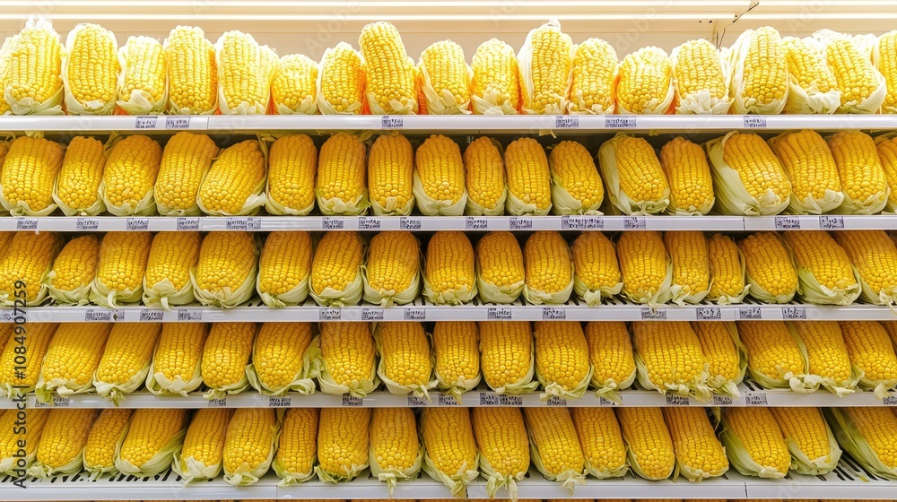 Poster symmetrical display of fresh corn on the cob in supermarket, natural textures and artistic presentat