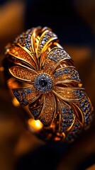Fototapeta premium Antique Gold Ring with Twisted Band, Intricate Floral Patterns & Gemstones against Dark Background, Fine Jewelry Close-up Masterpiece