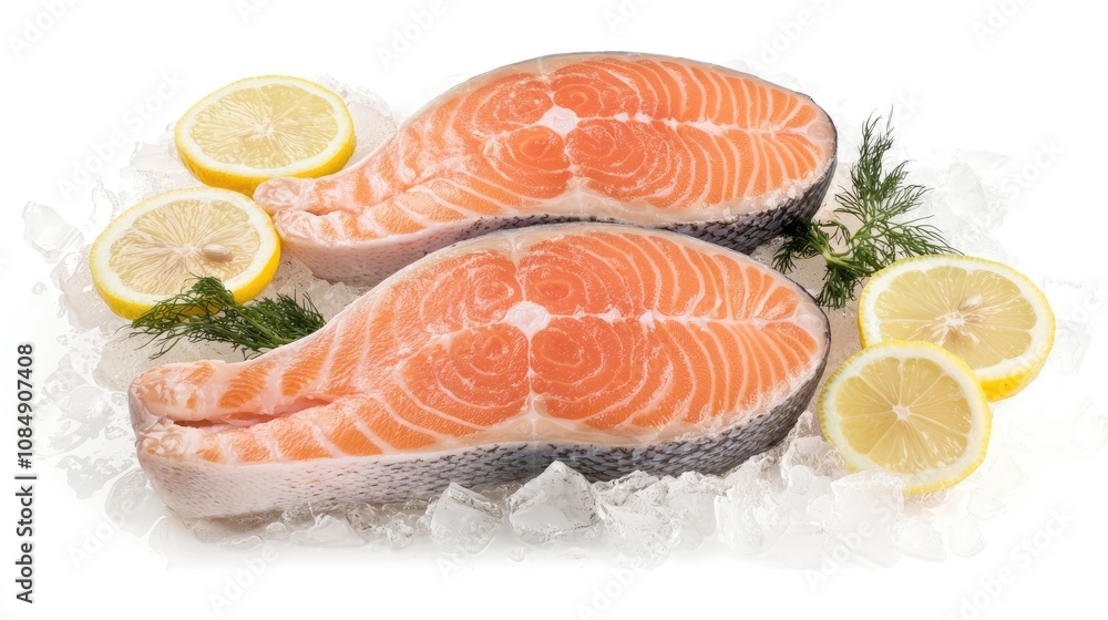 Poster fresh salmon steaks on ice with lemon slices and dill garnish - pristine artistic presentation in hi